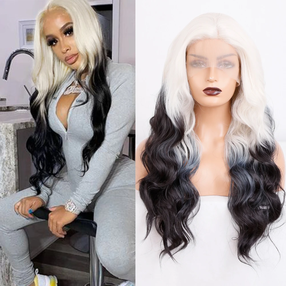 

AIMEYA Ombre Blonde Black Synthetic Lace Wigs For Women Long Body Wavy Free Part Lace Wig Cosplay Wigs Heat Resistant Fiber