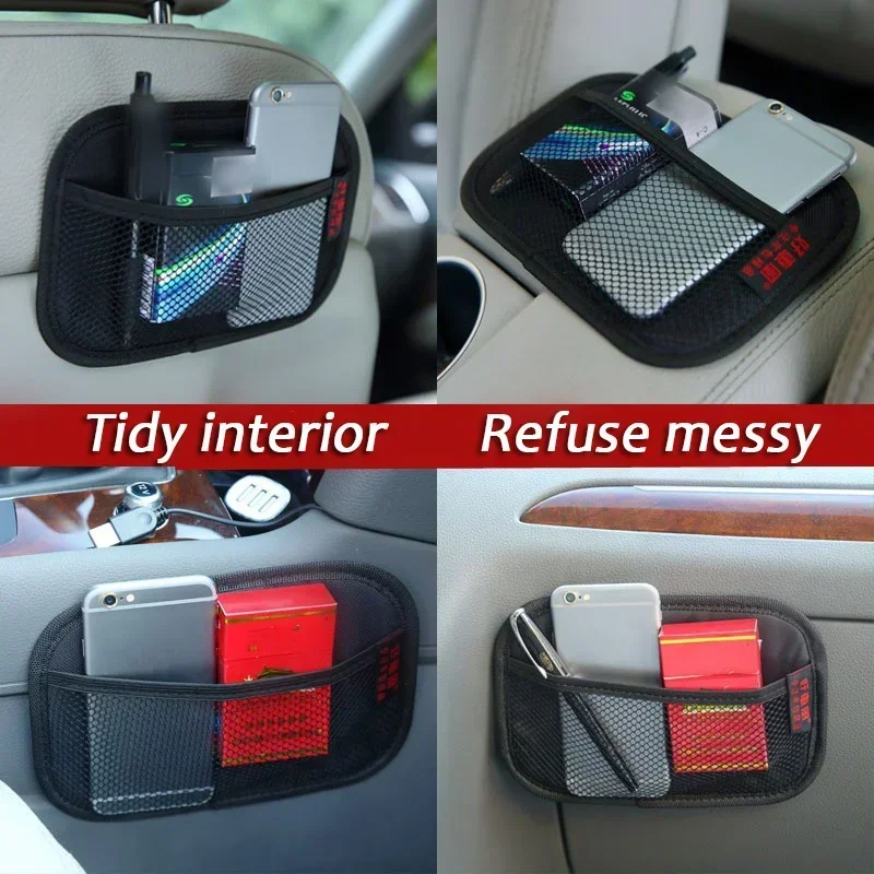 Car Mesh Bag Storage Oxford Fabric PU Leather Sticky Net Bag Phones Coins Keys Storage Net Bag Car Interior Organizer Stowing