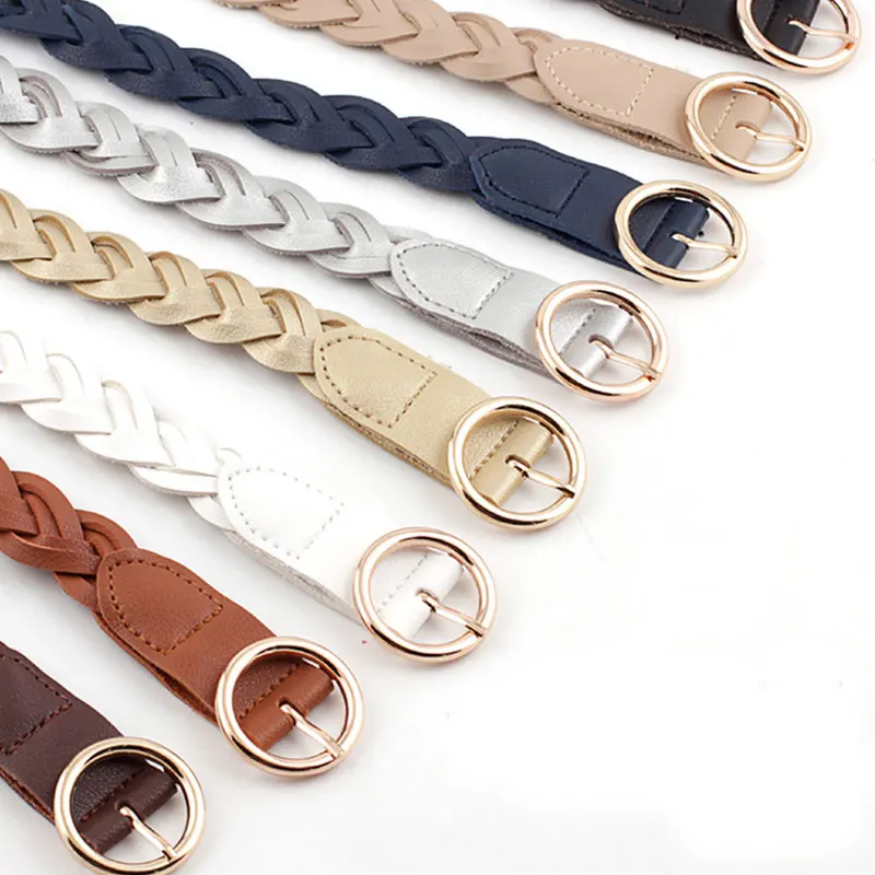 

110cm Women Knitted Belts Solid Color PU Leather Braided Decorative Thin Waist Belt Round Gold Pin Buckle Jeans Dress Waistband