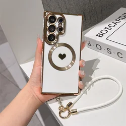 Elegant Love Heart Magnetic Phone Case with Luxury Lanyard - Solid Color Plating Silicone Back Cover - Galaxy S26+ (White)