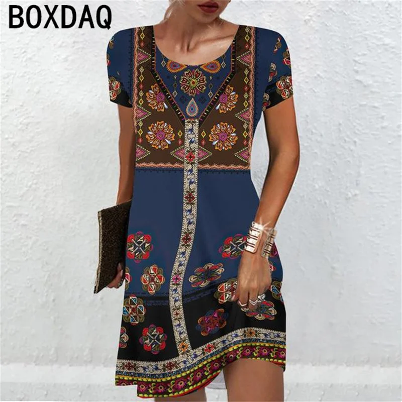 

Vintage Tribal Ethnic Style Casual Dress 6XL Oversized Summer Women Short Sleeve Dresses Beach A-Line Mini Dress Vestidos