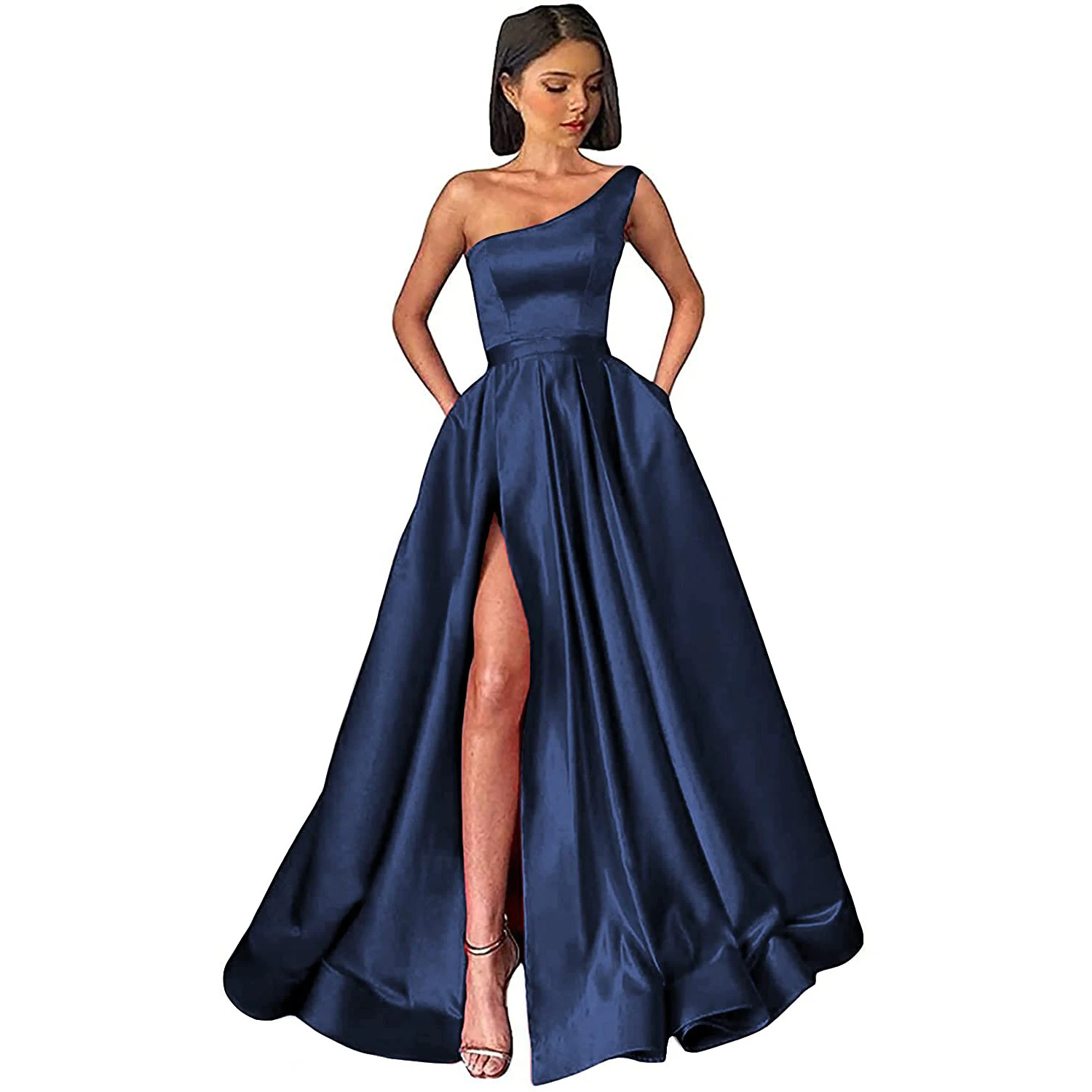 One Shoulder Evening Dresses Long Satin A Line فساتين السهرة Slit Party Prom Gown with Pockets for Women sexy evening gowns Evening Dresses
