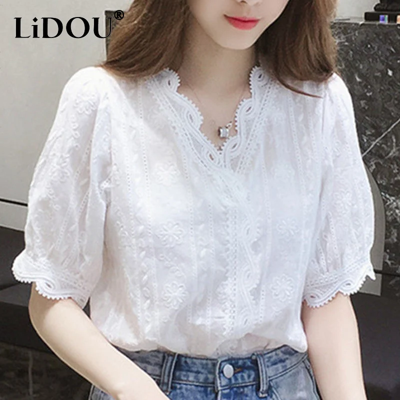 Korean Embroidery Puff Sleeve Cotton Blouse Chic Elegant Fashion White Lace Shirt V-neck Flower vintage Top Women Sweet Blousa