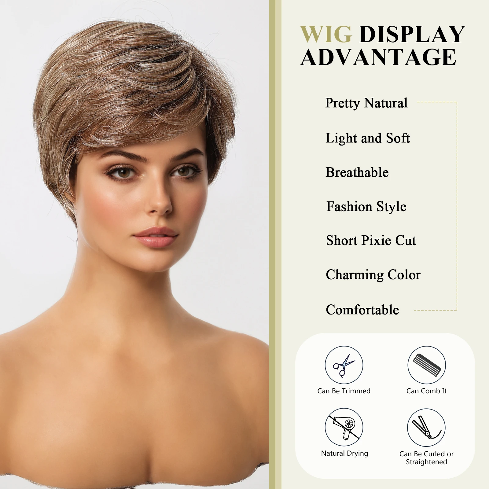 Short Straight Fashion Blend Human Hair Wigs Chestnut Brown Pixie Cut Human Hair with Bangs Women Soft Machine Made
