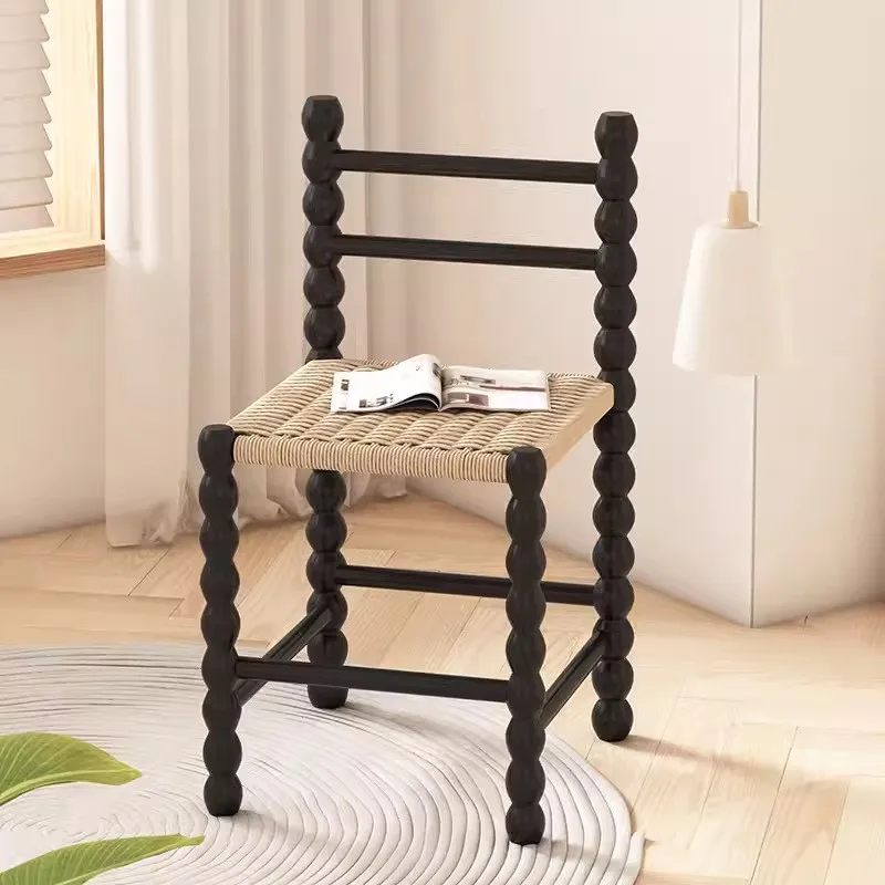 Solid Wood Retro Dining Chair Rope Woven Backrest Designer's Creative Living Room Home Shoe Changing Stool Chairs For Kitchen