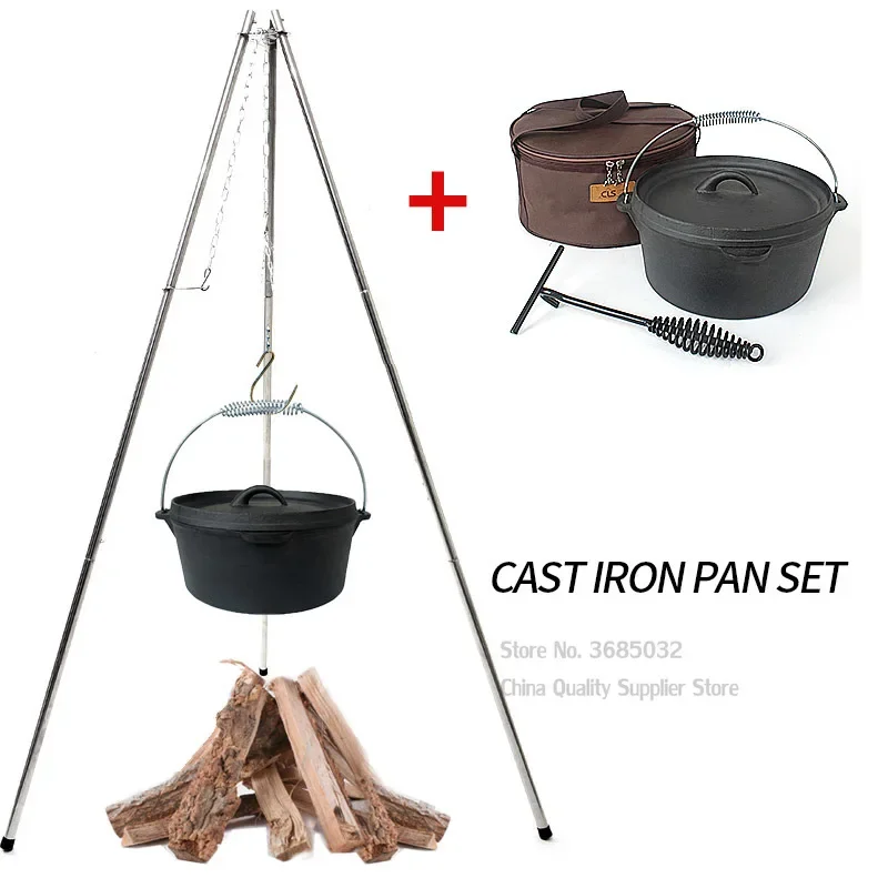 Cast Iron Camping Pot Set with Bag Outdoor Picnic Stew Pot Dutch Oven Uncoated Soup Pot Hanging Stew 25cm cast iron dutch oven