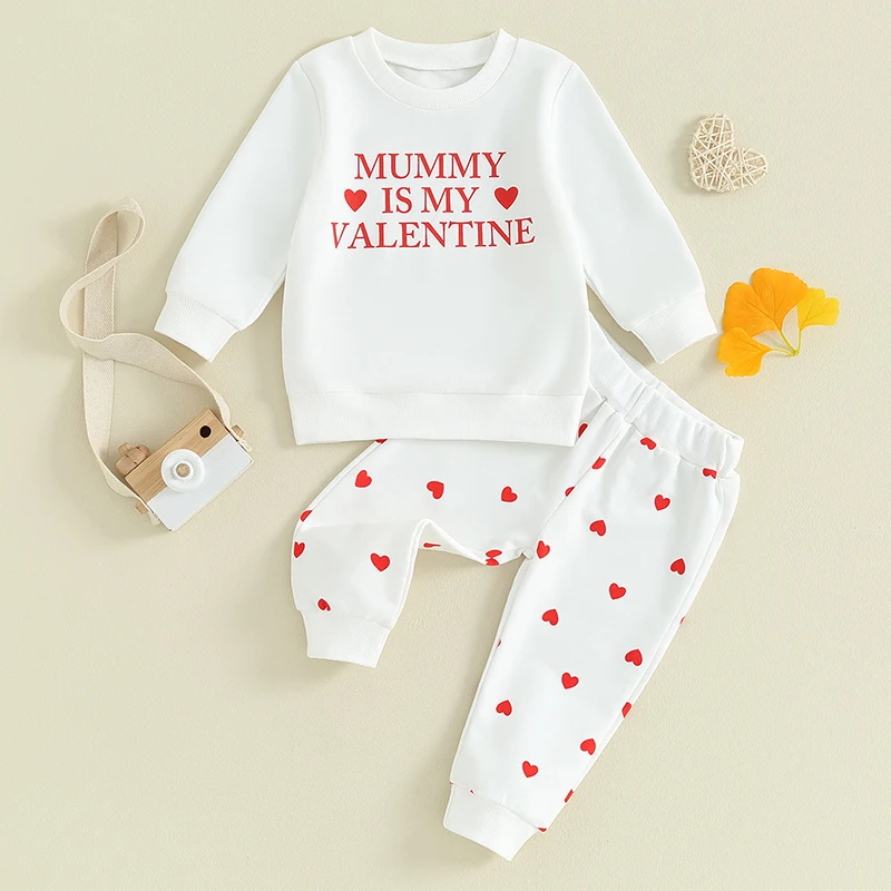 

2023-11-03 Lioraitiin 0-3Y Toddler Girl Boy Valentine's Day Clothes Letter Long Sleeve Sweatshirt Heart Pattern Pants Outfit