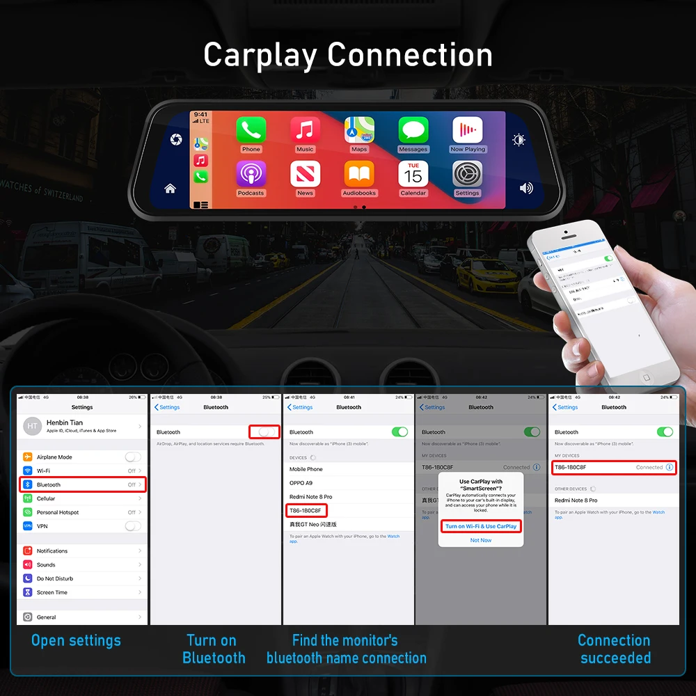 Camecho Carplay ڵ Ƽ̵ ÷̾ FM ڵ DVR ̷  ڴ ġũ  ڴ 9.66 ġ  