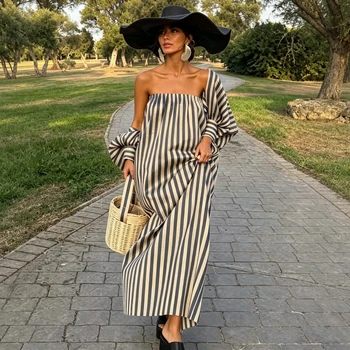 Robe longue d'été élégante et décontractée pour femme, à rayures verticales, style châle, sans bretelles, épaules dénudées, coupe ample, idéale pour les vacances