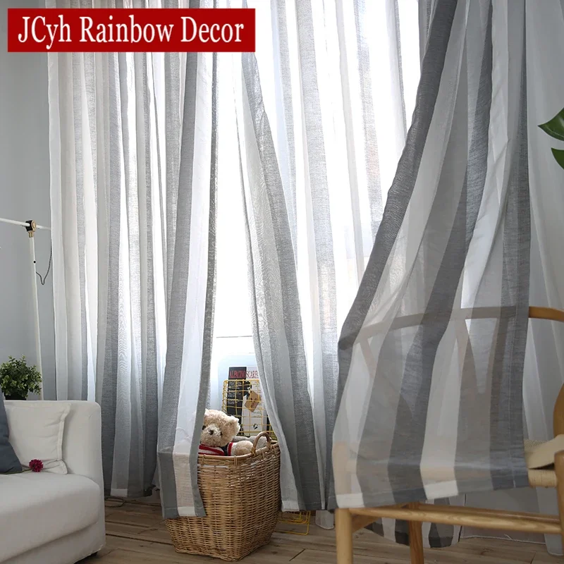 Stripe Sheer Tulle Curtains For Living Room Bedroom Voile Curtains For Window Gray Linen Fabric Modern Drapes