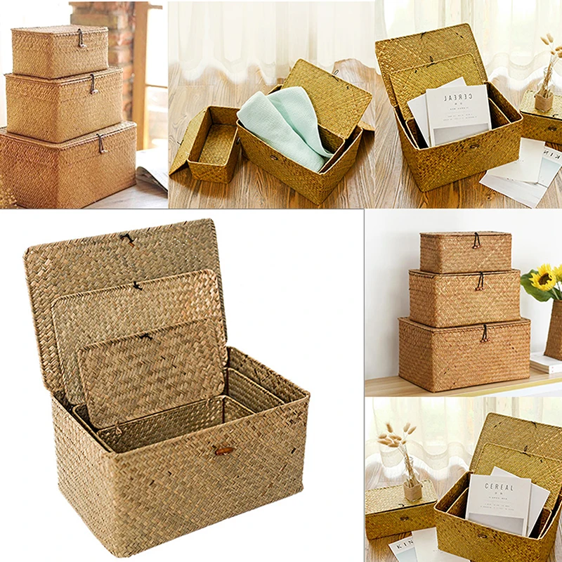 Woven Wicker Storage Box Rectangular Seagrass Basket with Lid Rattan