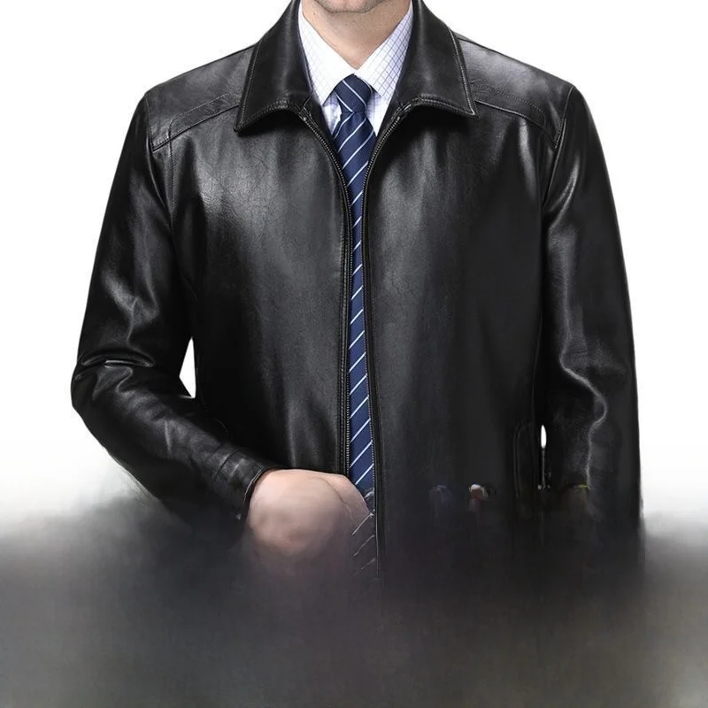 Haining True Good Leather Jacket Men's Mid-Aged Loose Thickened Autumn Winter Dad Men's Clothing Thin Leather Coat - 3