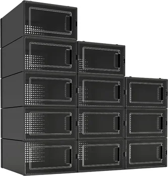 12 Pack Shoe Organizer Boxes Black Plastic Stackable Shoe Storage Bins For Closet, Space Saving Shoe Holder Sneaker Display Case 6