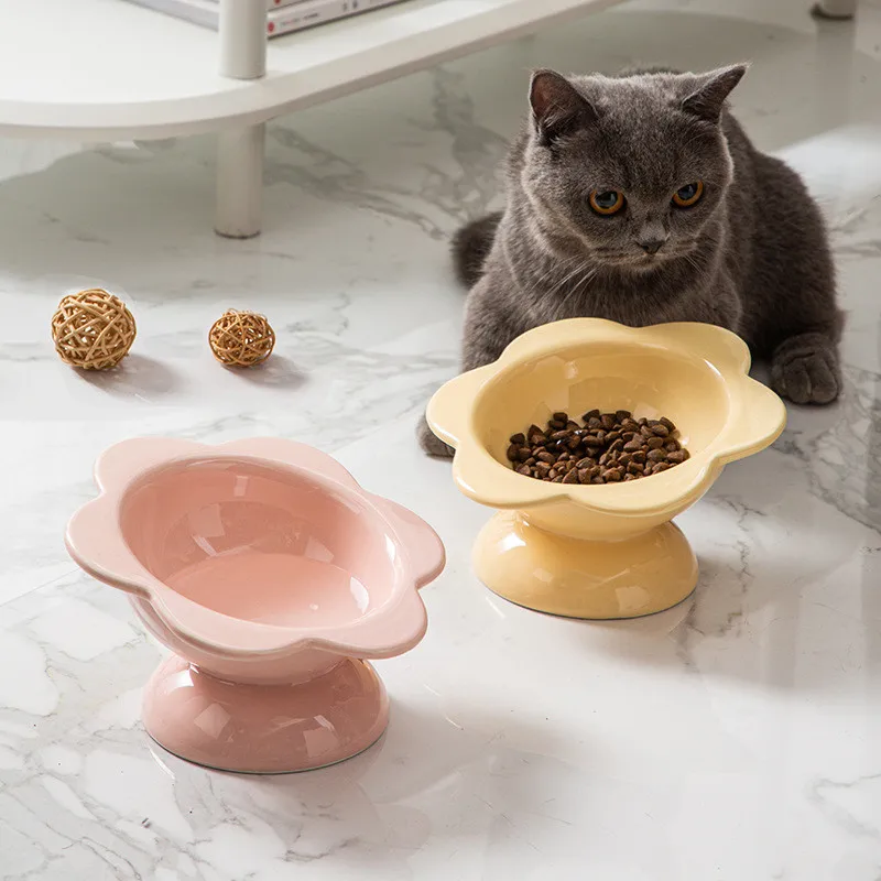 

Cute Ceramic Cat Bowl High Foot Plate Non-slip Flower Shape Dog Puppy Feeder Feeding Food Water Protection Cervical Pet Supplies