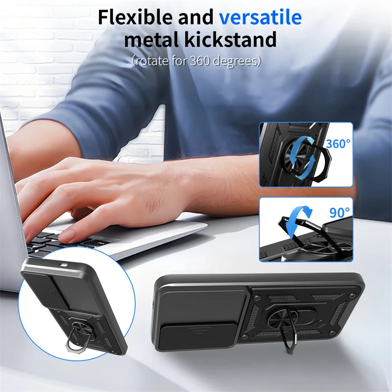 Slide Lens Protect Armor Phone Case with Ring Magnetic Stand Holder and s