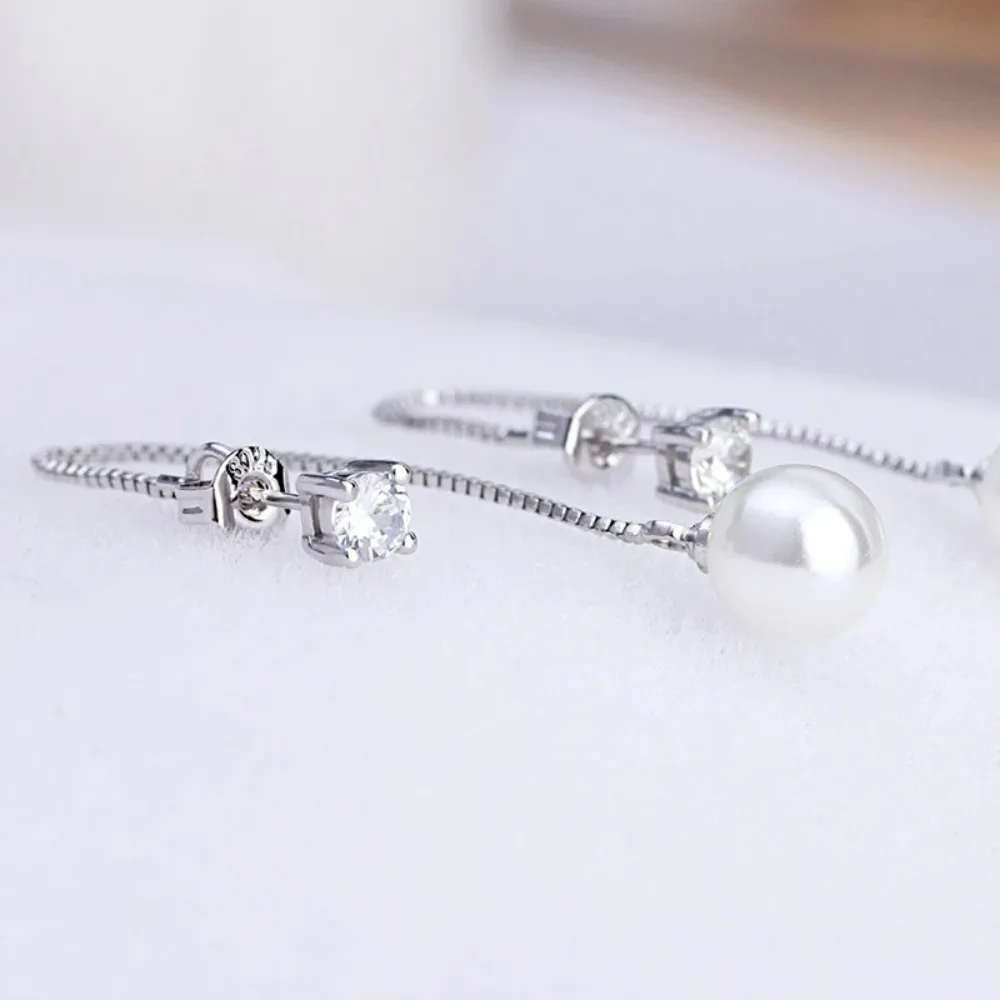 Silver-color Simulated Pearl Pendant Long Chain Cubic Zirconia Earrings Bridal Wedding Jewelry Drop dangle earrings drop earrings pendant earrings long earrings pearl earrings crystal earrings