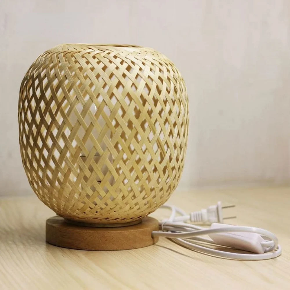LED Table Lamp Wood Table Bamboo Light Dimmable Rattan Lampshade Plug Bedroom Bedside Night Light Home Decor