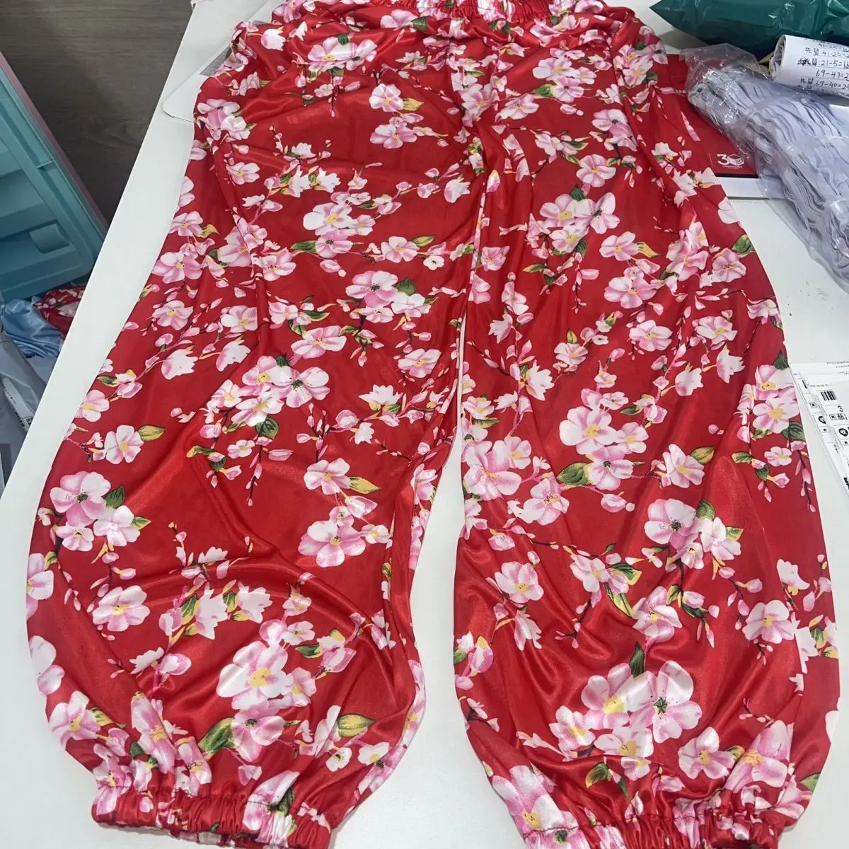 Red floral print glossy satin pajamas pants Women silk loose sleeping plus size trousers