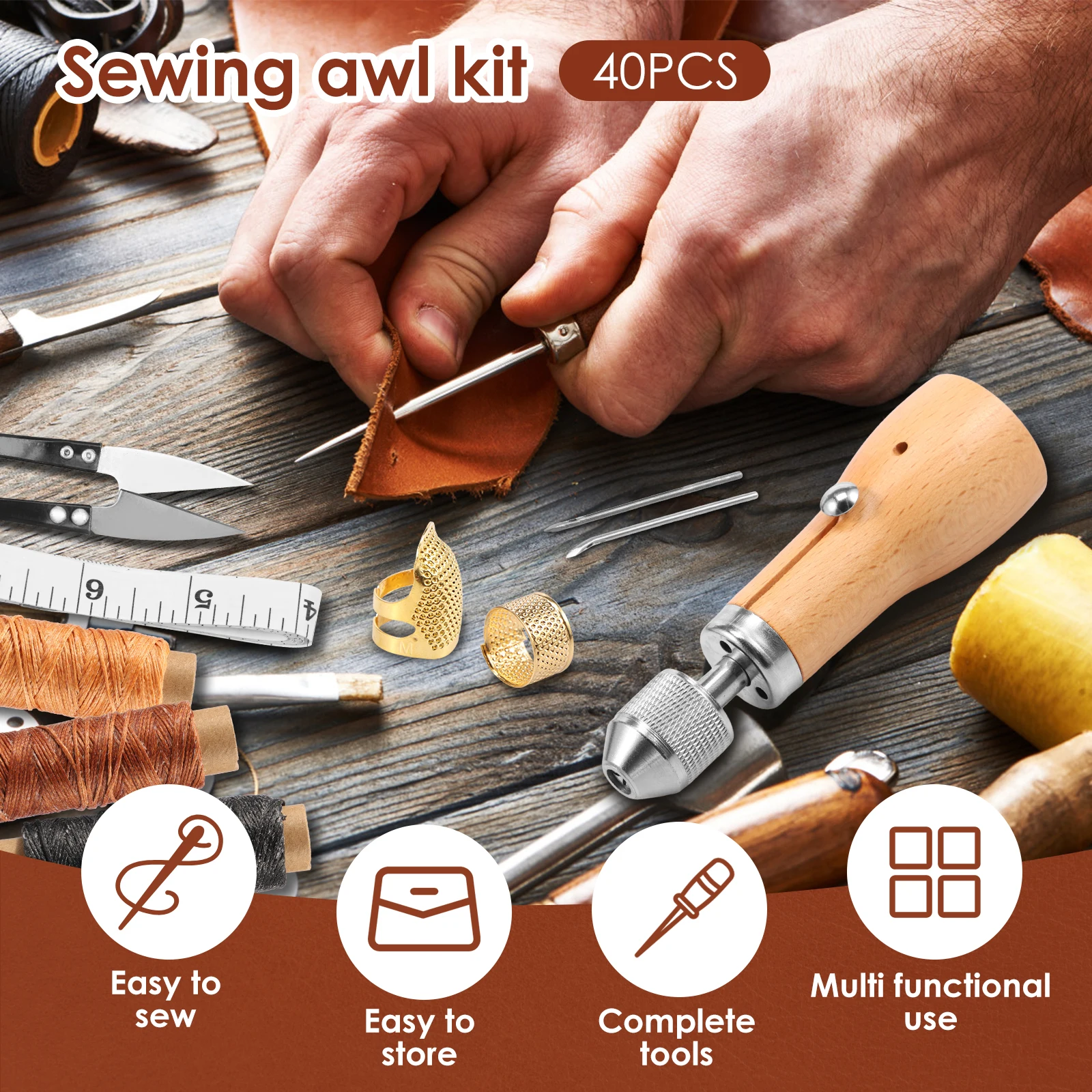 40Pcs Sewing Awl Kit Complete Leather Sewing Awl Kit with Storage Bag Portable Waxed Thread for DIY Repair and Crafts