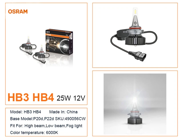 OSRAM Hb3 9005 Hb4 9006 LED 12v Cool White 6000k 69005/6cw Car Headlight  Lamp for sale online