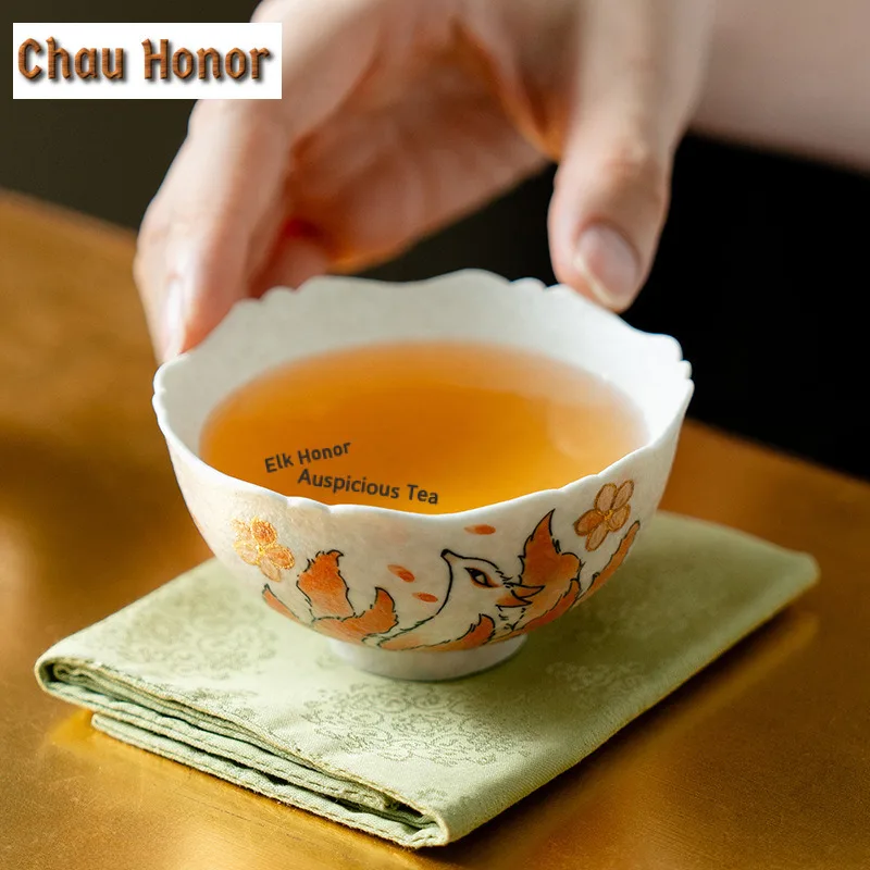 95ml Pure Hand-drawn Nine-tailed Fox Teacup Vintage Tea Bowl Cute Cup Tea-tasting Smelling Cup Jianzhan Master Cups Drinkware