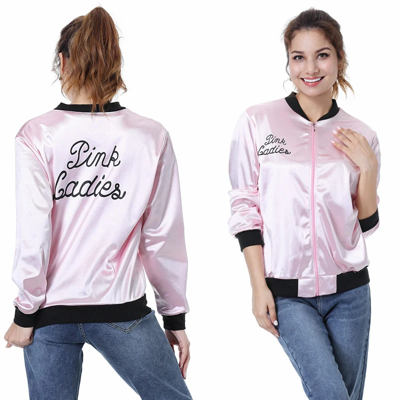 

Grease Cosplay Pink Ladies Jacket Girls Satin Coat Costume Outfits Retro Casual Fashion Fancy Tops Halloween Carnival Party Suit