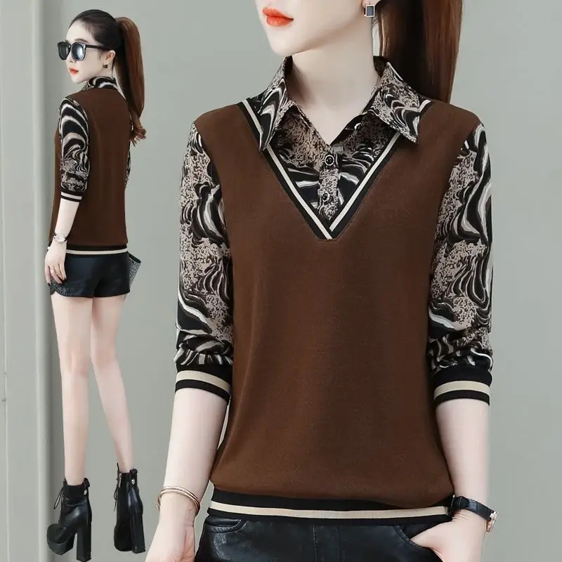 

Long Sleeved Shirt Spring Autumn New Turn Down Collar Bottoming Blouse Women's Clothing Korean Fashion Fake Two-piece Top