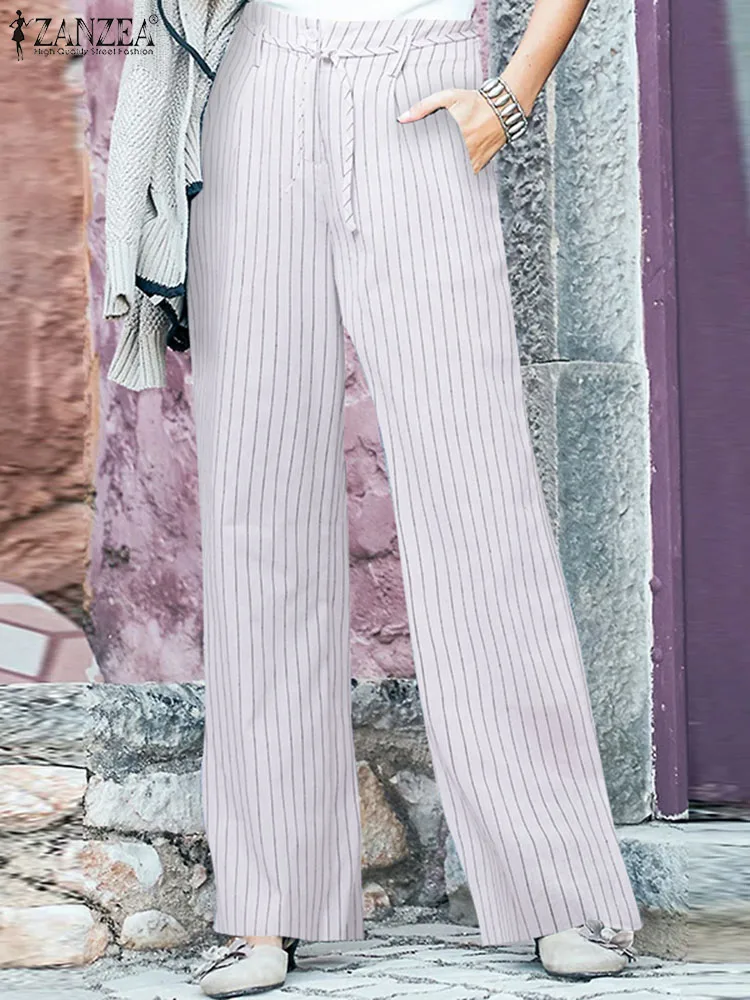 

ZANZEA Women Fashion Autumn Elegant High Waist Wide Leg Pants 2023 Casual Striped Trousers OL Harem Palazzo Loose Work Pantalon