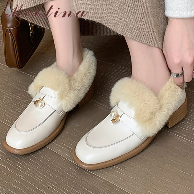 

Meotina Women Genuine Leather Loafers Round Toe Thick Low Heels Sheepskin Fur Pumps Concise Ladies Fashion Shoes Winter White 40