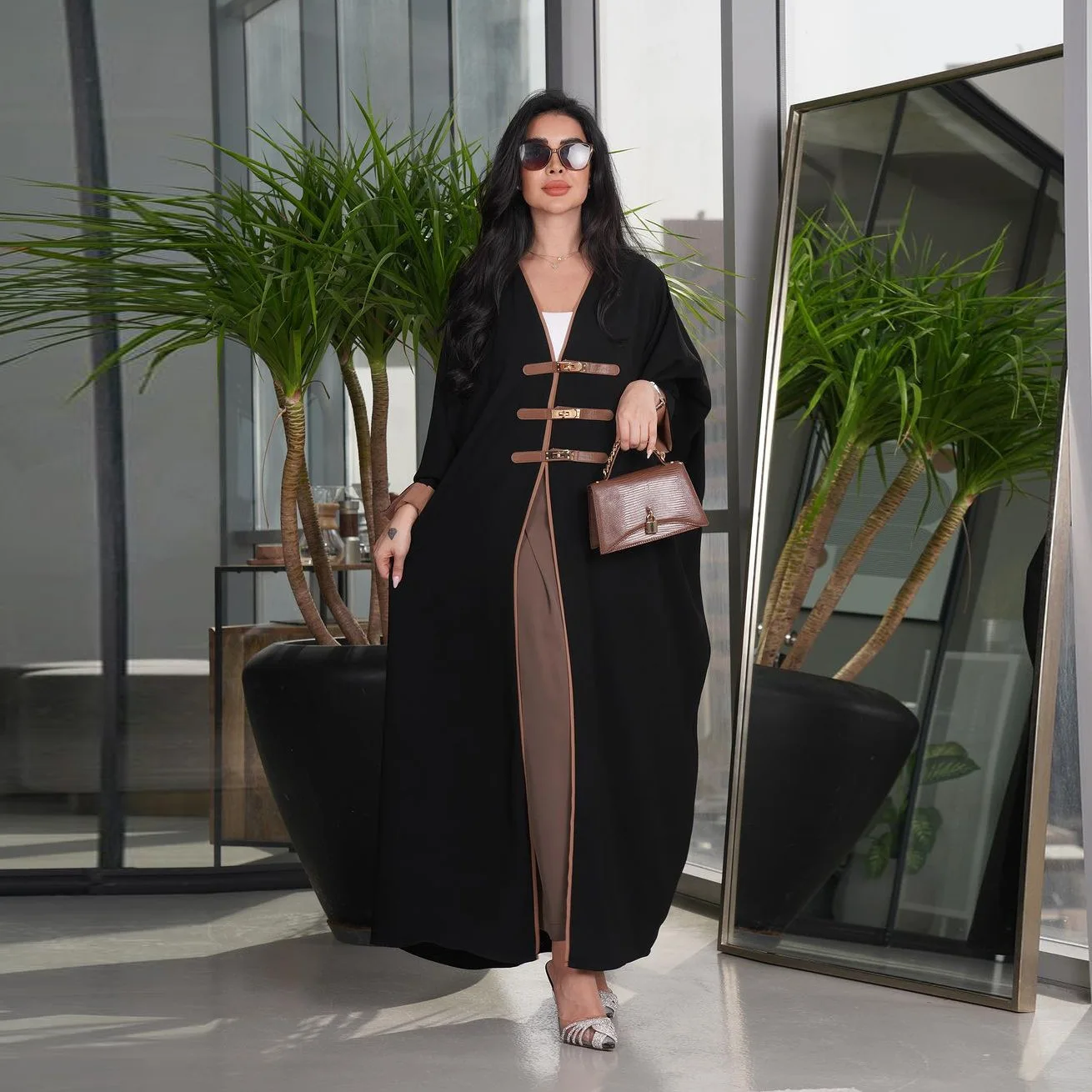 Abaya For Women Ramadan Gurban Women Cardigan Leather Button Abaya Turkey Color Matching Arabic V-neck Caftan Kaftan Clothing