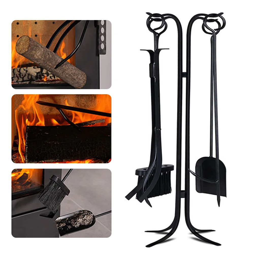 

5PCS Winter Fireplace Cleaning Tool Set Chimney Cleaning Shove Brush Wood Burner Fireplace Charcoal Fire Tongs Cleaning Brush