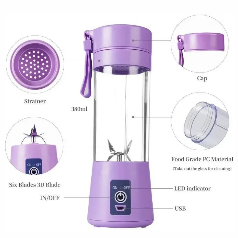 Fruit Juicer Juice Blender Juice Maker Blender Mini 380ML Portable Blender for Shakes and Smoothies Rechargeable USB Traveling Fruit Juicer Cup Hand Fruit Blender Juicing Cup