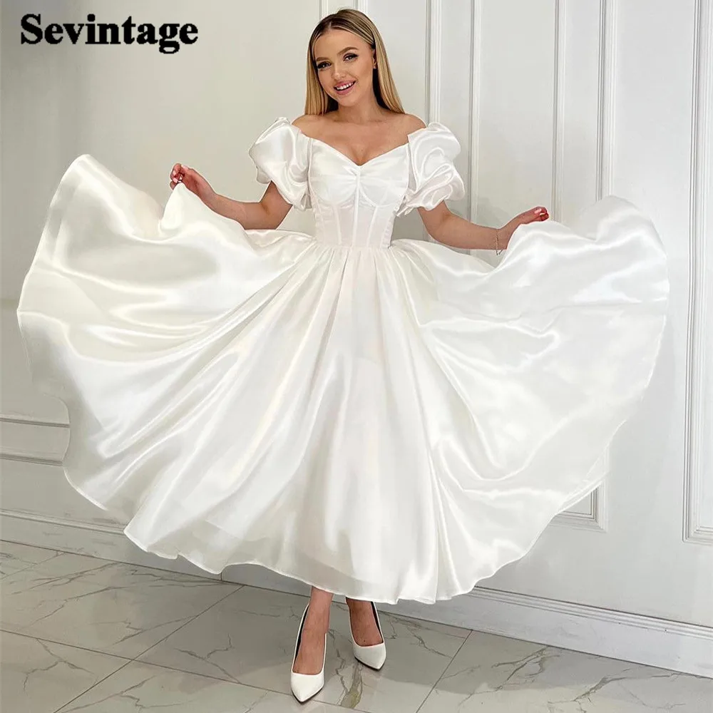 

Sevintage Elegant Satin A-Line Wedding Dresses For Women V-Neck Puff Sleeves Ankle Length Pleat Ruched vestidos novias boda 2024