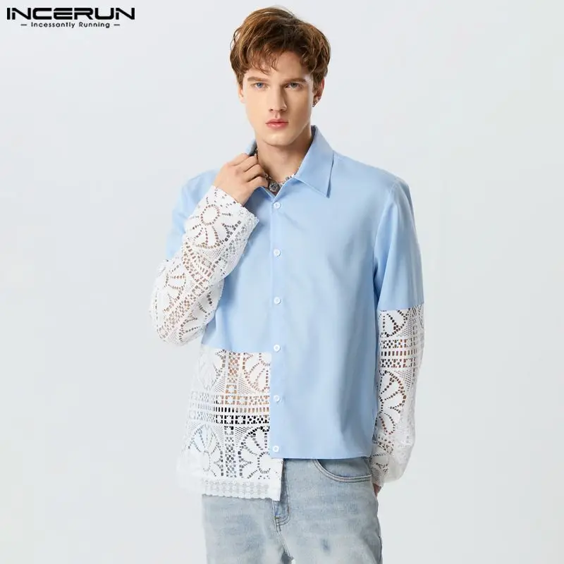 

INCERUN Tops 2023 American Style Handsome Men's Lace Splicing Design Shirts Casual Streetwear Hollowed Long Sleeved Blouse S-5XL