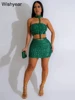New Silvery Sexy Mini Skirt and Choker Crop Top Strapless Halter Two 2 Piece Set Women Rhinestones Night Club Birthday Outfits 5