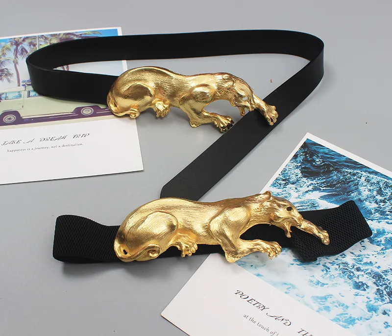 Exquisite Antique Leopard Head Leather Belt - Women's Decorative Accessory