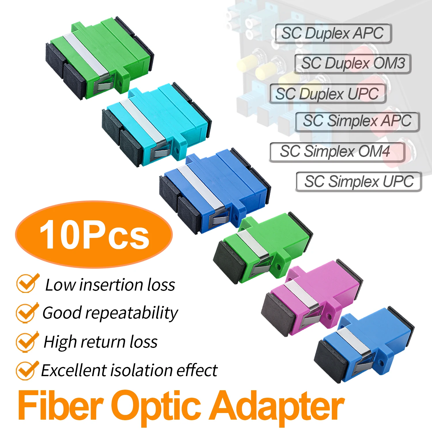 SC-SC UPC/APC/OM3/OM4 커플러, 듀플렉스 광섬유 어댑터 케이블 커넥터, SM MM 광섬유 심플렉스 플랜지 피트, 10 개