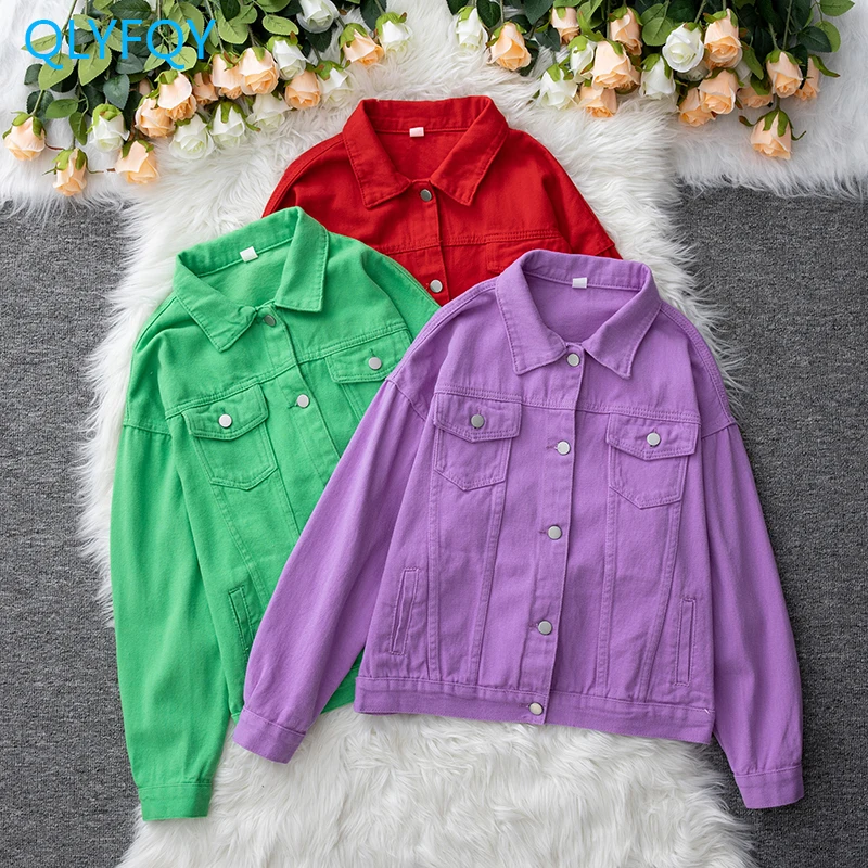 

Korean Fashion 8 Color Short Denim Jackets Women Blue Green Red Purple Red Outwear Loose Casual Student Jeans Jacket Coat Female
