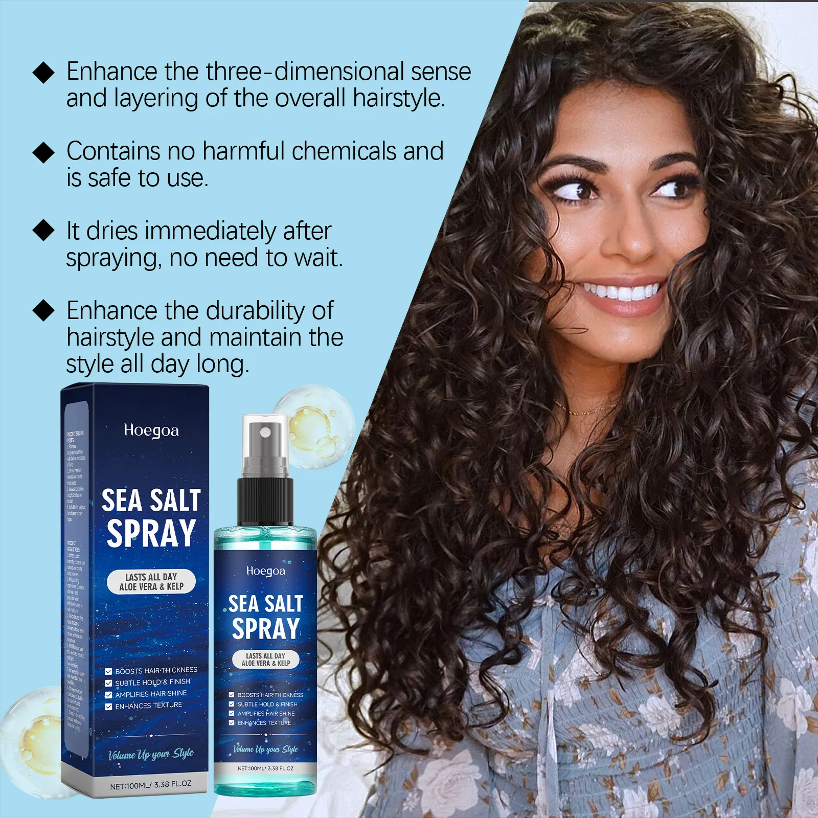 Hoegoa Sea Salt Spray Hair Styling Mousse Repair Damaged Curly Boost Prevent Dryness Add Texture Thickness Curls Styling Cream