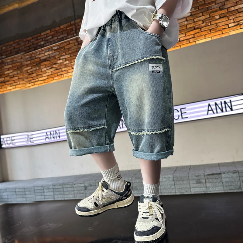 Brief Style Children Summer Shorts For Boys Solid Color Patchwork Denim Shorts Jeans Kids Teenager Casual Capris Pants 5 to 14 Y