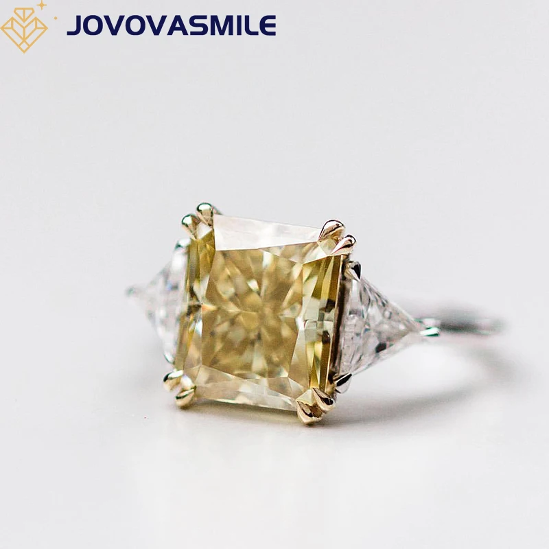 JOVOVASMILE Yellow Moissanite Ring 5carat 10.5x9mm Radiant Cut 18k Gold Triangle Side-Moissanite Double Claw Three-Stone Rings jewelry storage box ring surface bare stone diamond gem box stainless steel glass transparent color treasure box