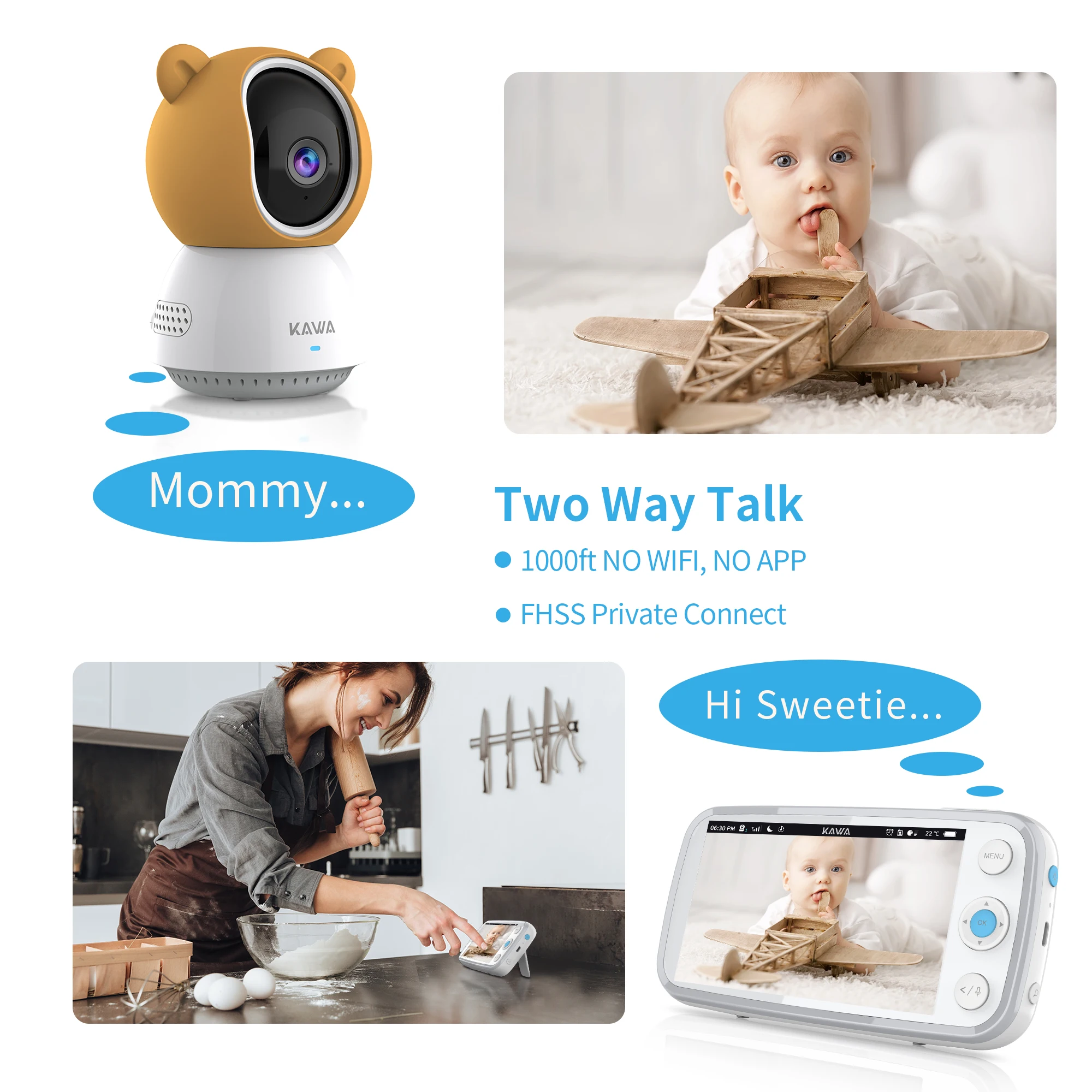 KAWA 2K Baby Monitor with Cameras Audio Video Nanny Wireless Camera with 4000mAh Battery 5 Inch Screen TF Card Night Vision 360°