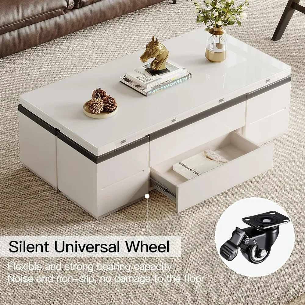 White Lift Coffee Table with 4 Chairs, 47 Inch Modern Coffee Table, Lift Coffee Table with Wheels and Drawers 5