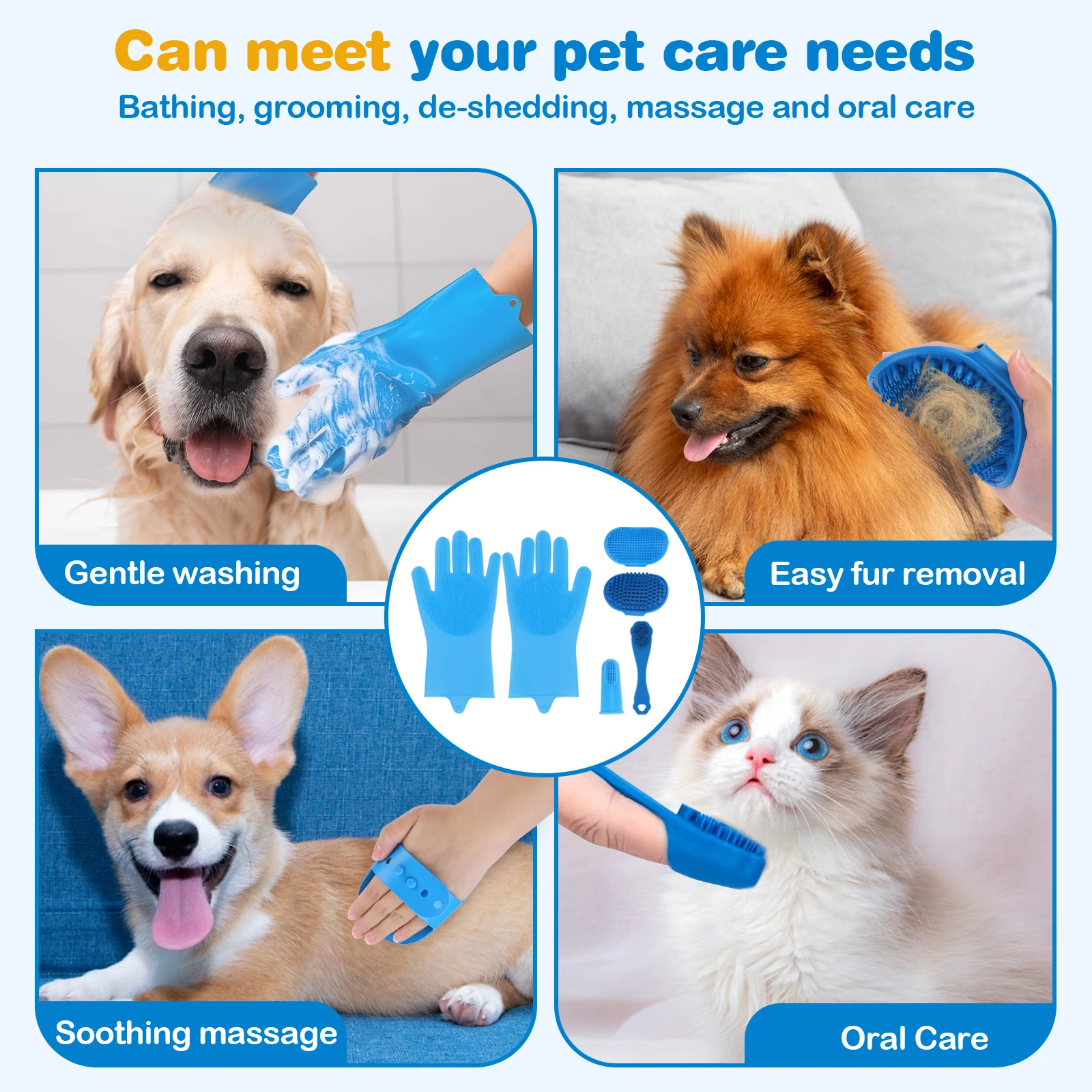 6PCS Pet Grooming Kit Silicone Dog Washing Gloves Bath Brush Dog Toothbrush Finger for Pet Bathing Massaging & Grooming