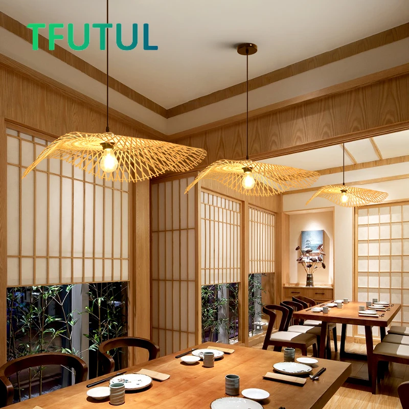 Chinese Style Bamboo Woven Wicker Pendant Lights Natural Rattan Shade Cap Hanging Lamp Restaurant Hotel Bedroom Lighting Fixture