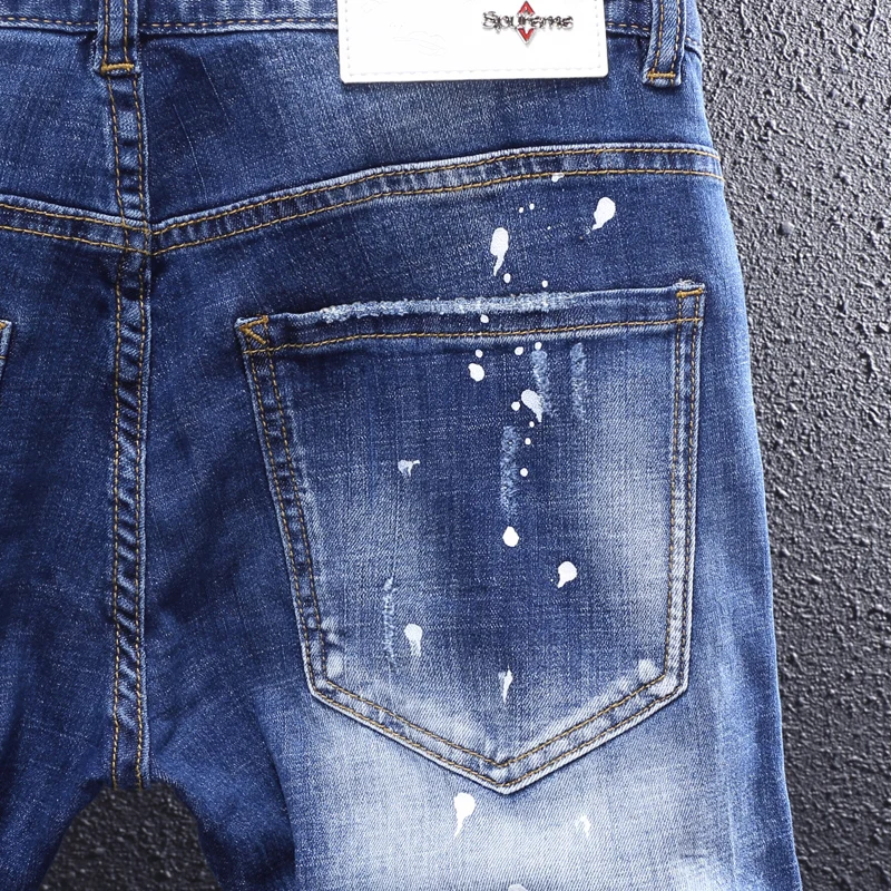 Fashion Designer Men Jeans Retro Blue Elastic Slim Stretch Ripped Jeans Men Painted Trousers Street Vintage Denim Pants Hombre