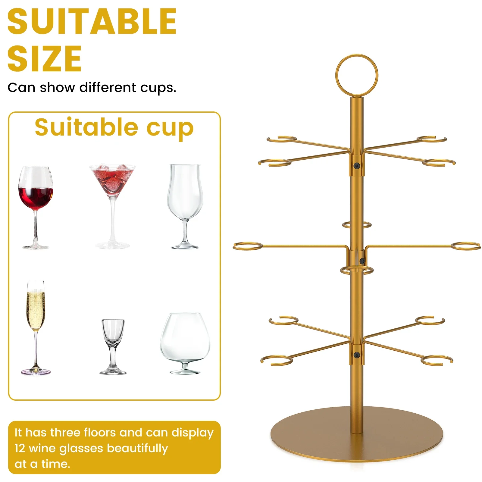 3 Tiers Cocktail Tree Stand 12 Holders Wine Glass Display Stand Metal Red Wine Cup Stand Rack for Cocktails Champagne Red Wine 2