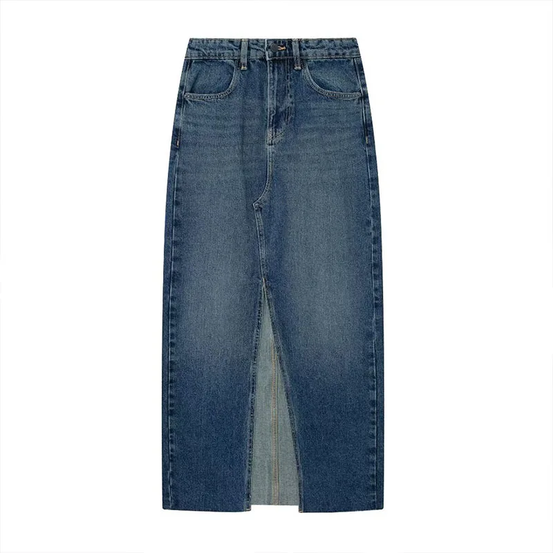 

Women 2023 Autumn Fashion Slit Design Denim Midi Skirt Vintage Side Pockets Zipper Fly High-Waisted Female Skirts Mujer
