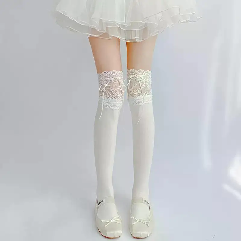 Lace Tied Ribbon Velvet Over Knee Socks 1 Pairs Women Mid Leg Kawai Thigh High