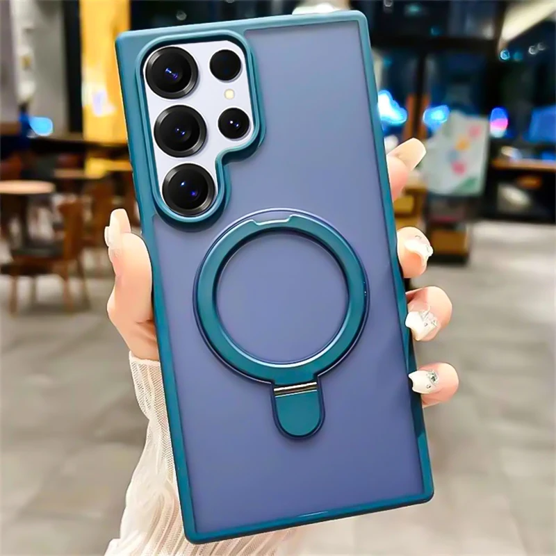 Luxury Matte Translucent Phone Case with Magnetic Metal Ring Bracket Cover